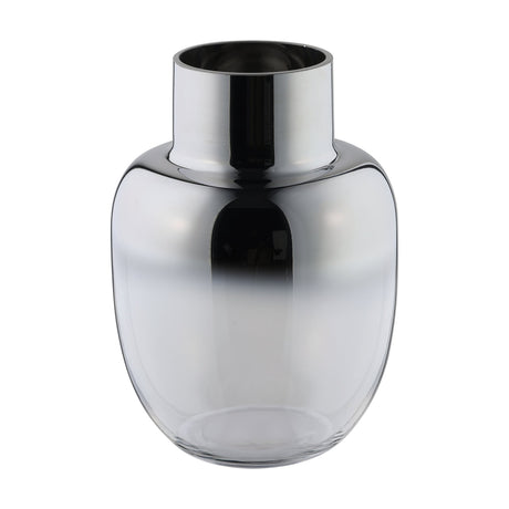 Siranana glass vase with a rounded body and wide upright neck, mirrored silver finish fading into clear glass towards the base, shown on a plain white background.