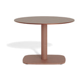 Sirkel Aluminium Garden Side Table, 40cm high, with a round top and single cylindrical pedestal leg on a rounded square base, in a brown-toned finish against a plain white background.