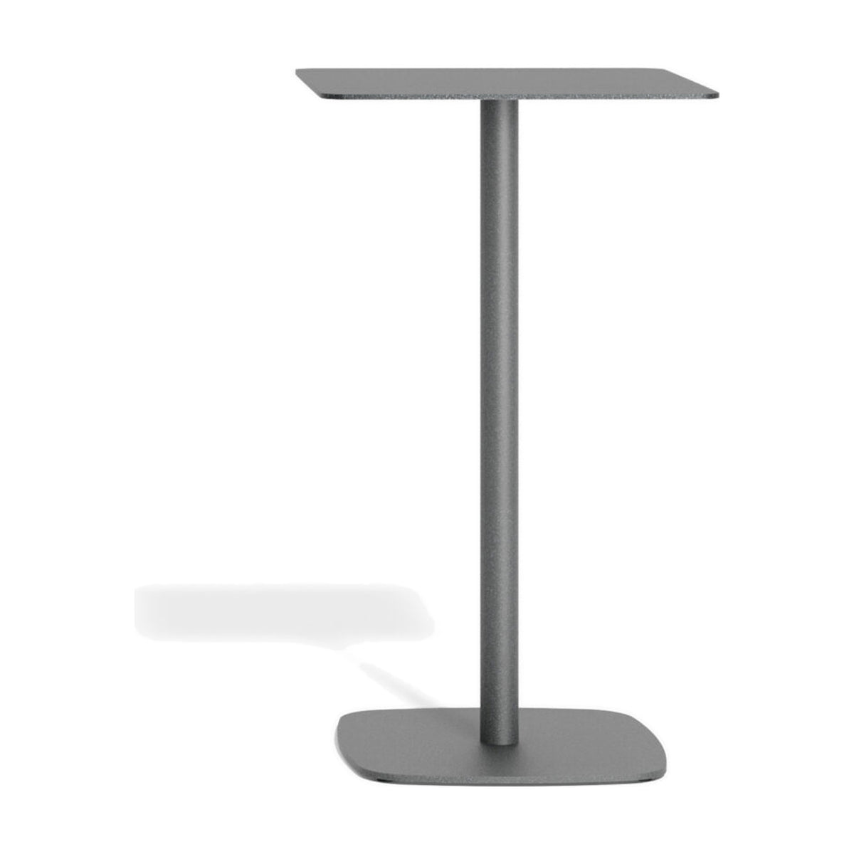 Sirkel aluminium outdoor bar table in graphite, with a square top, single cylindrical central leg, and rounded square base, shown on a plain white background.