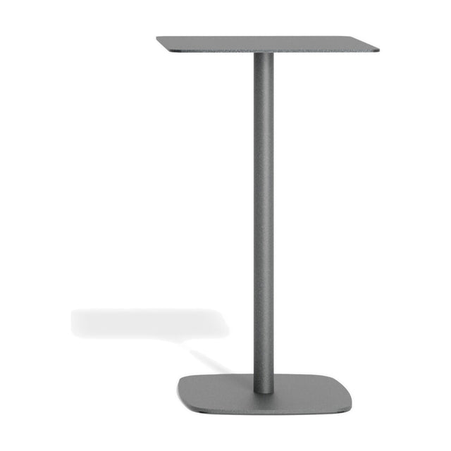 Sirkel aluminium outdoor bar table in graphite, with a square top, single cylindrical central leg, and rounded square base, shown on a plain white background.