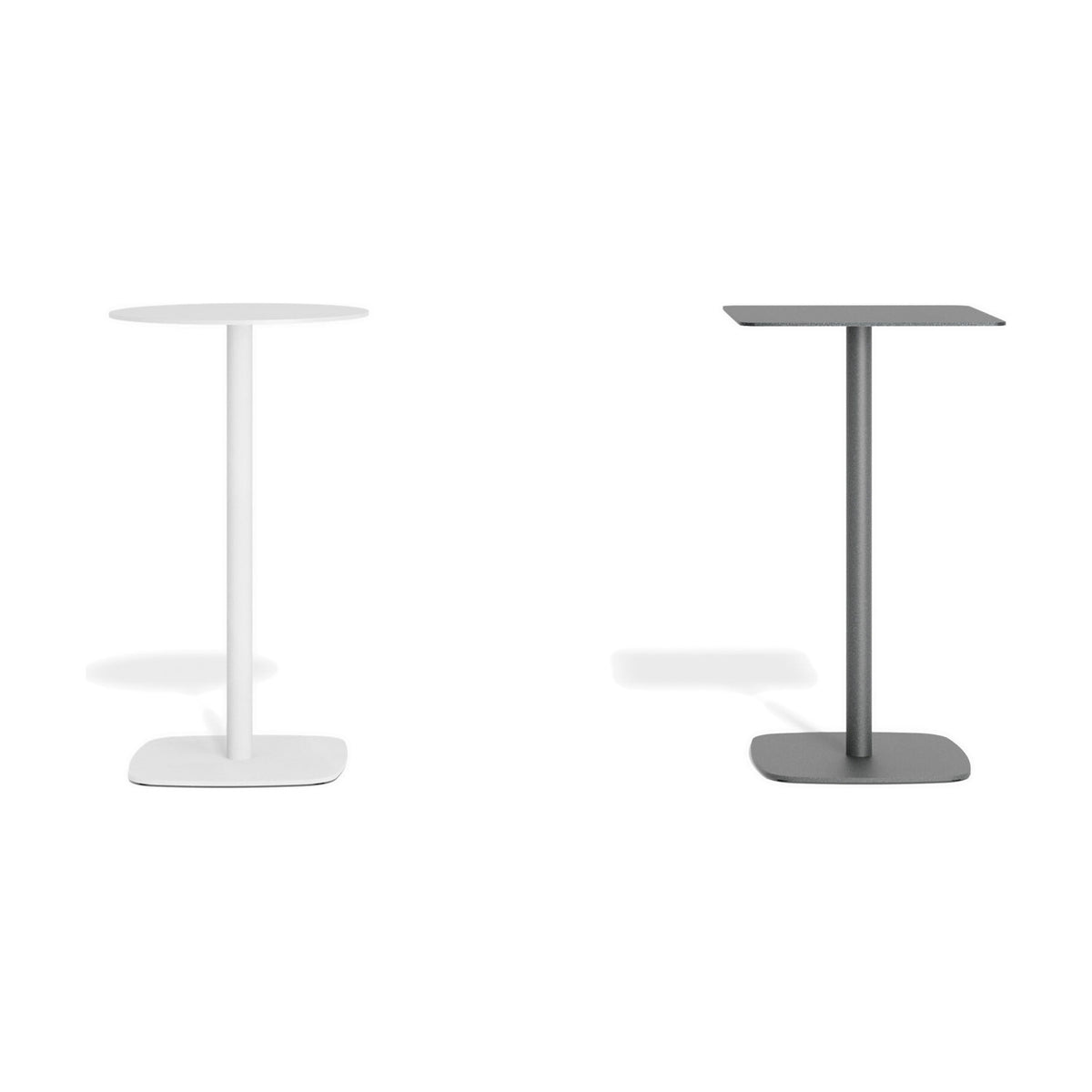 Sirkel Aluminium Outdoor Bar Table in white with round top and grey with square top, both on rounded square bases, shown on a plain white background.