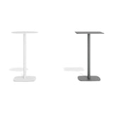 Sirkel Aluminium Outdoor Bar Table in white with round top and grey with square top, both on rounded square bases, shown on a plain white background.