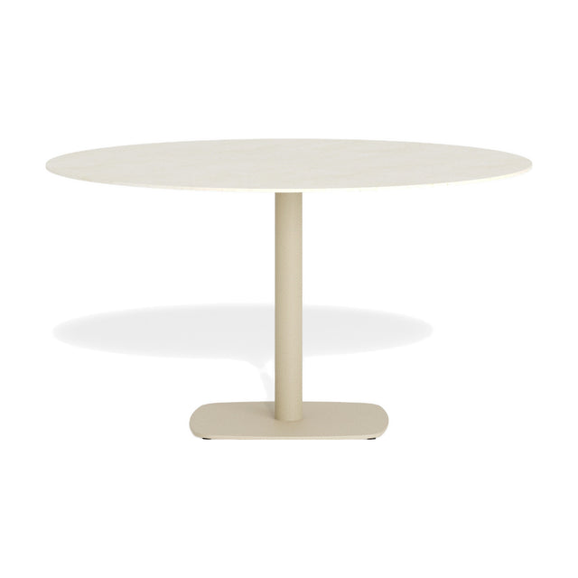 Sirkel round outdoor bistro table with a white sintered-stone top, Ø60cm, on a single beige aluminium leg and rounded square steel base, shown on a plain white background.