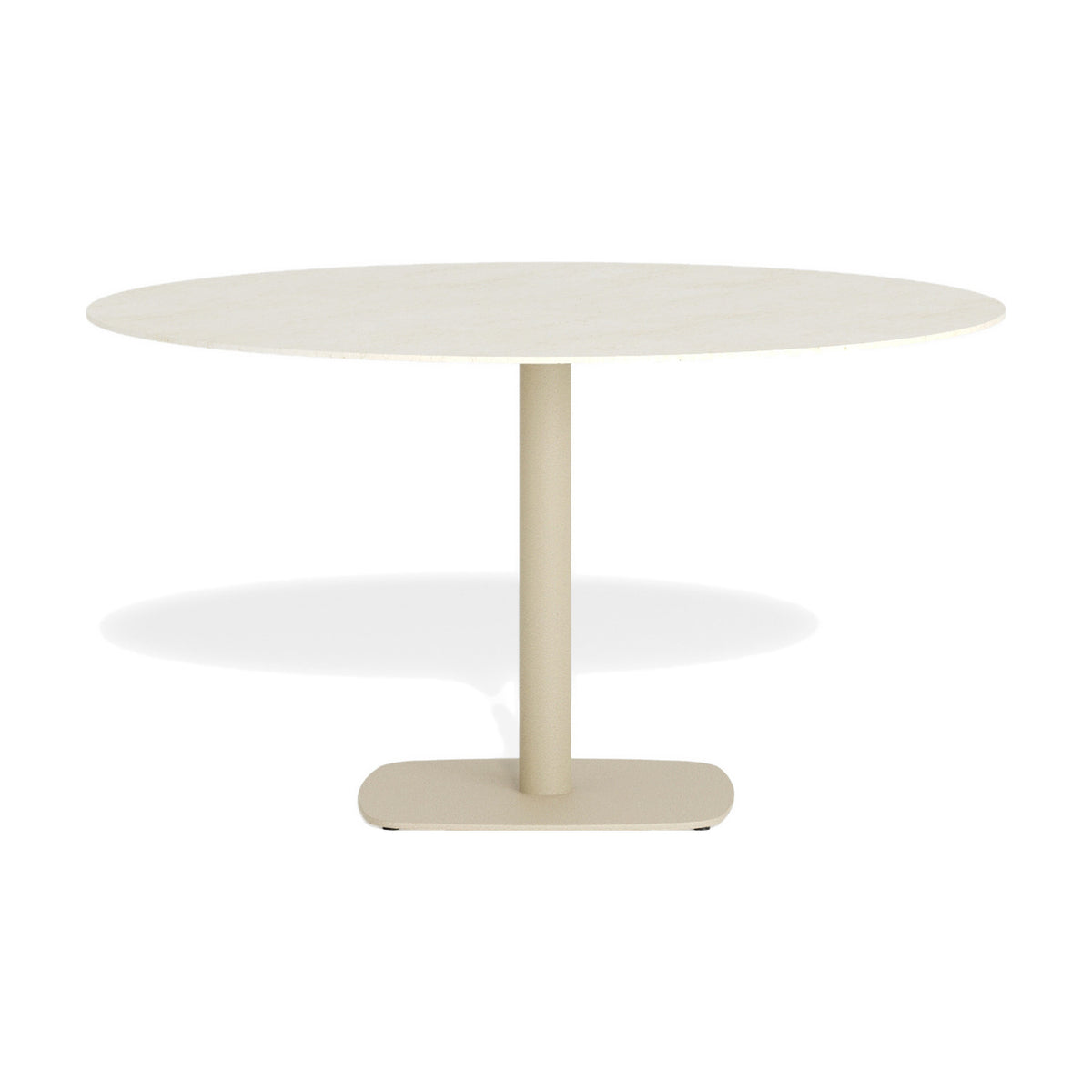 Sirkel round outdoor dining table, Ø120cm, with an ivory sintered-stone top on a single beige aluminium pedestal leg and rounded square steel base, shown on a plain white background.