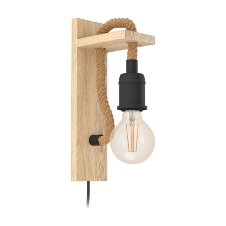Sirvena wall light with light wood backplate and arm, twisted rope looping to a black E27 lampholder with exposed bulb, on a plain white background.