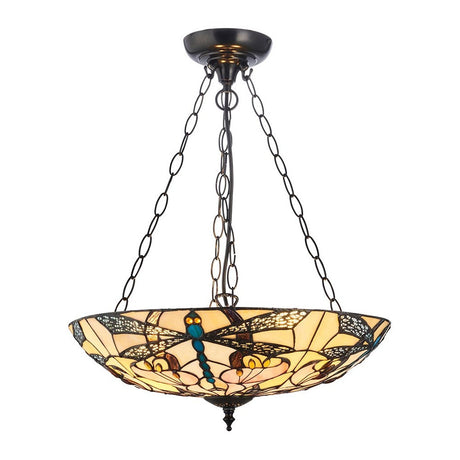 Wrenfield Large 3 Light Tiffany inverted pendant with multicoloured leaded glass bowl shade suspended on dark metal chains against a white background.