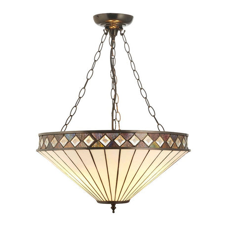 Brindleigh Large 3 Light Tiffany inverted pendant with a 500mm multicoloured leaded glass bowl shade, diamond border, and triple chain suspension.