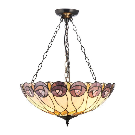 Pentleigh Large 3 Light Tiffany inverted pendant with a multicoloured leaded glass bowl on dark metal chains, shown on a white background.