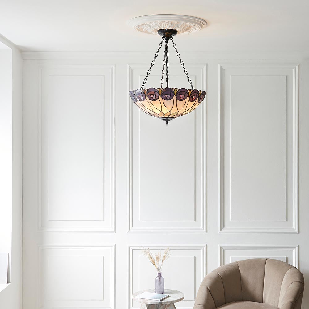Pentleigh Large 3 Light Tiffany Inverted Pendant - Multicoloured