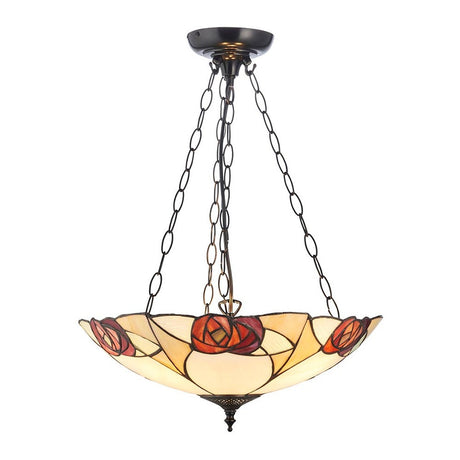 Kelverton Large 3 Light Tiffany inverted pendant with multicoloured leaded glass bowl shade suspended on three dark chains from a domed ceiling rose.