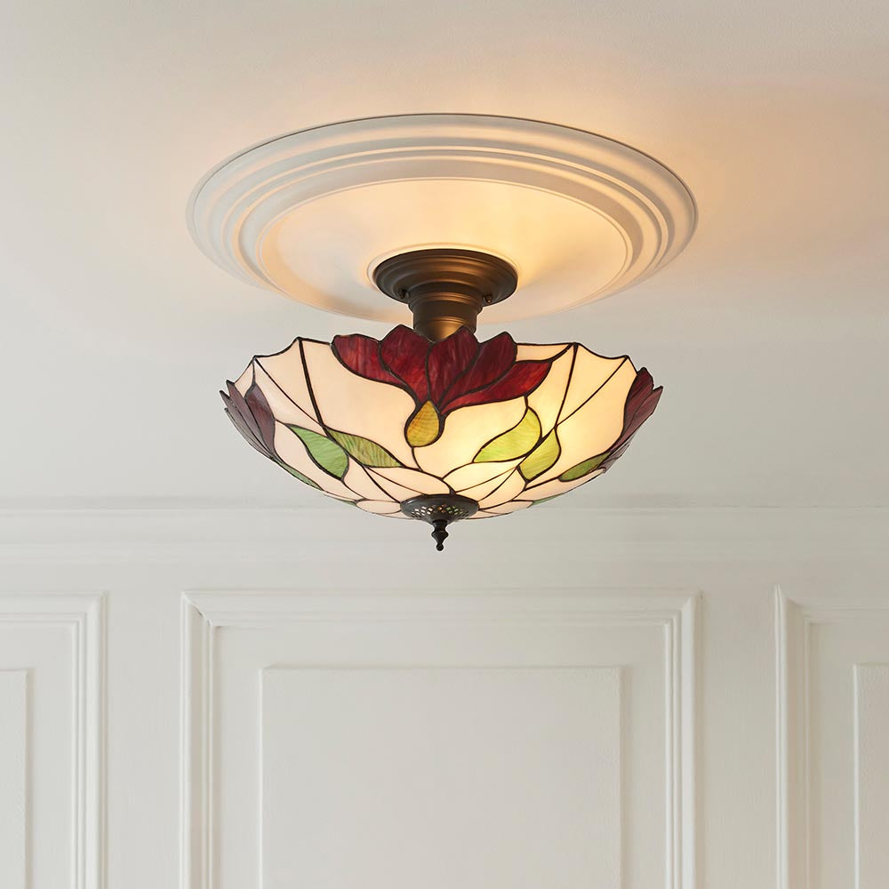 Amberhurst Large 3 Light Tiffany Semi Flush - Multicoloured