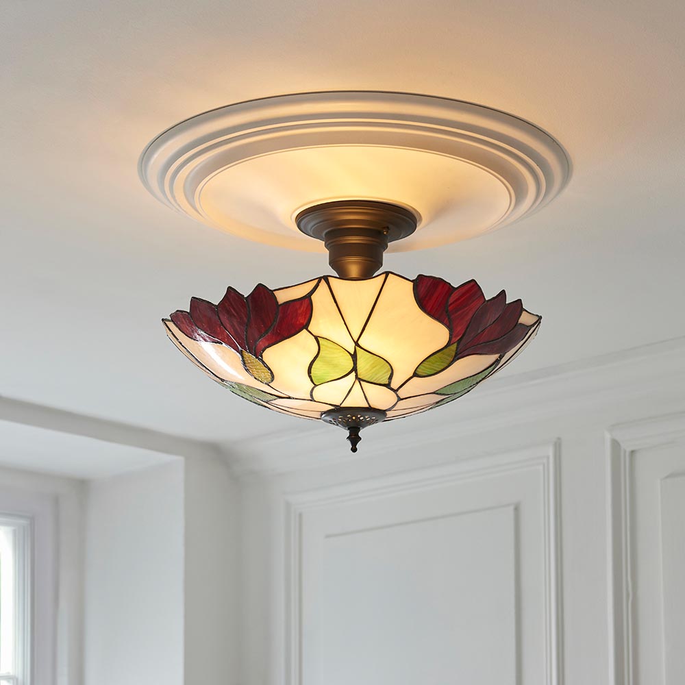 Amberhurst Large 3 Light Tiffany Semi Flush - Multicoloured