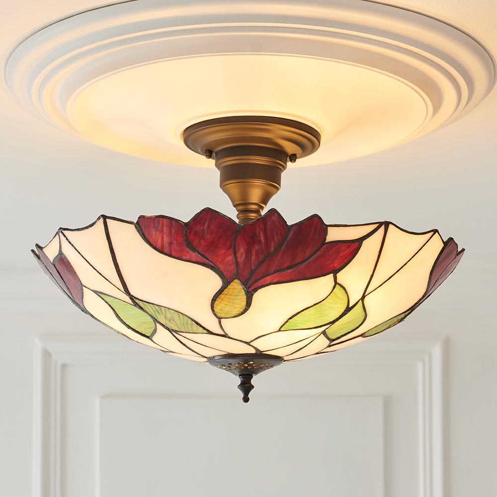 Amberhurst Large 3 Light Tiffany Semi Flush - Multicoloured
