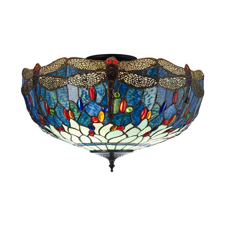 Alderworth Large 3 Light Tiffany semi flush ceiling light with blue leaded glass shade, dragonfly motif, and dark metal finial on a white background.