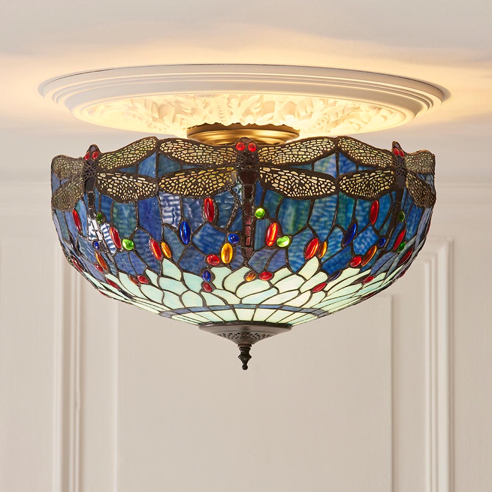 Alderworth Large 3 Light Tiffany Semi Flush - Blue