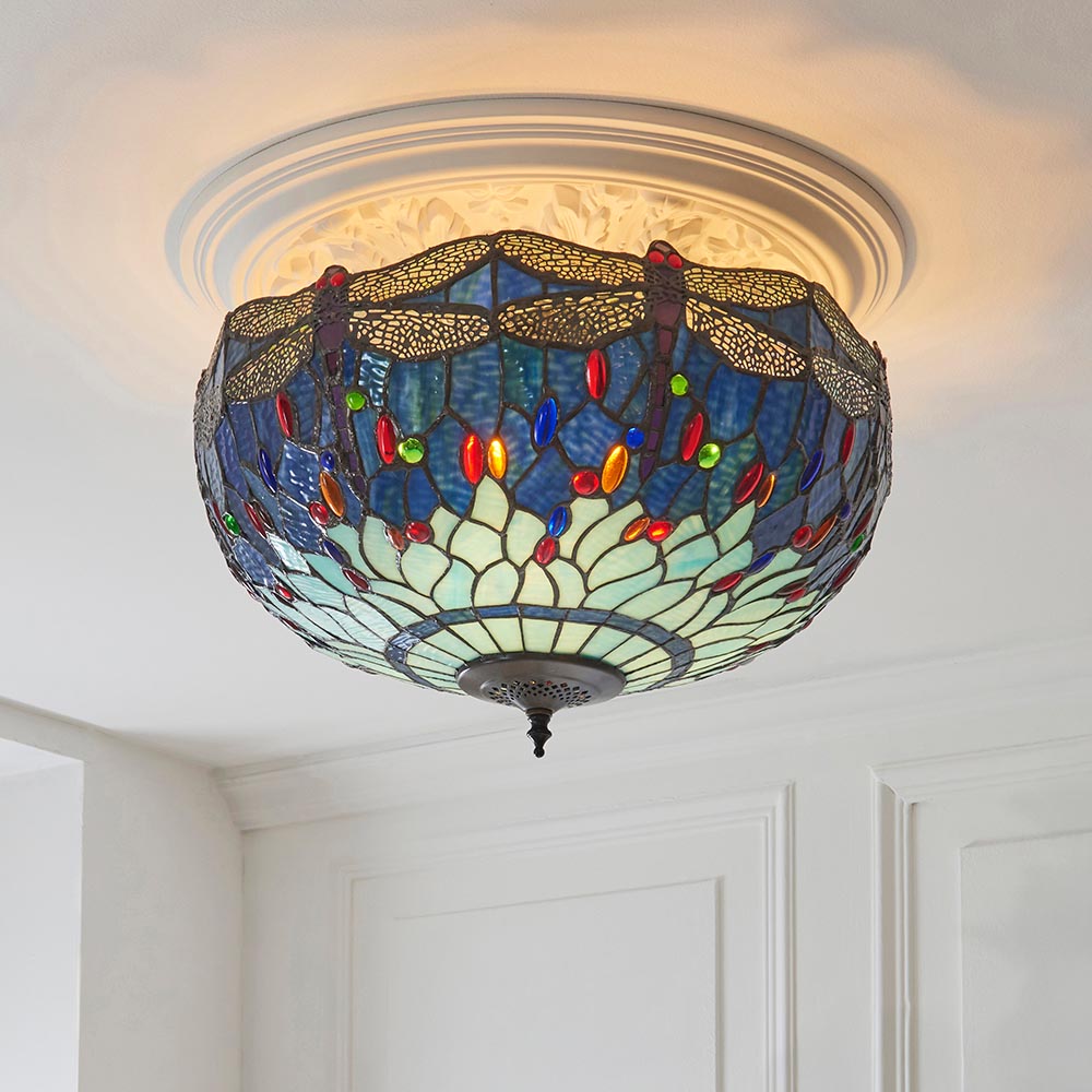 Alderworth Large 3 Light Tiffany Semi Flush - Blue