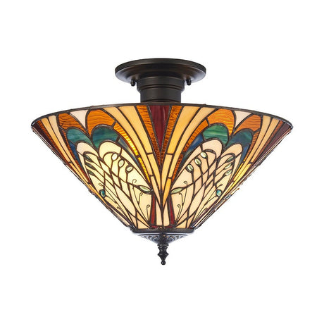 Tiffany Elderford 3 light semi flush ceiling light with multicoloured leaded glass shade in a conical fan pattern and dark bronze fitting.