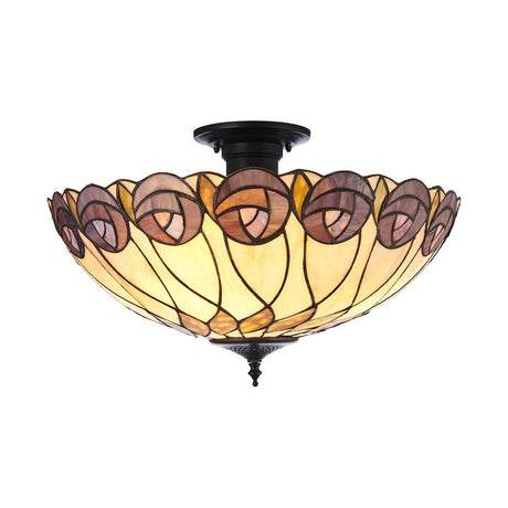 Tiffany Pentleigh 3 light semi flush ceiling light with multicoloured leaded glass shade in a floral pattern and dark metal fitting, on white.