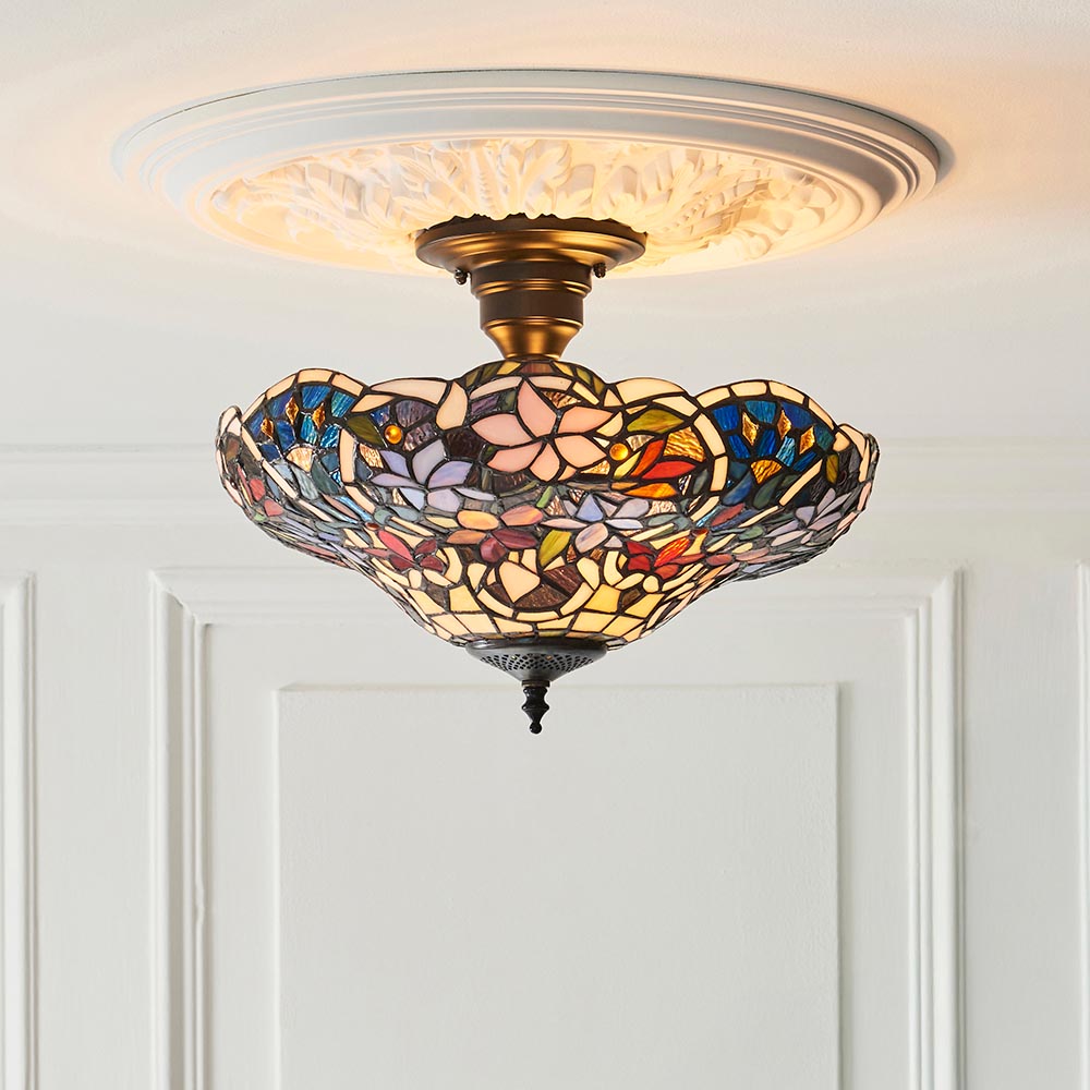 Sedgehurst 3 Light Tiffany Semi Flush - Multicoloured