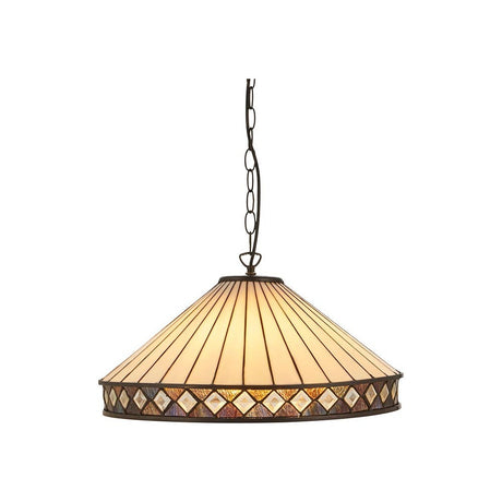 Tiffany Brindleigh 3 Light pendant with a wide conical leaded glass shade in cream and multicoloured diamond trim, suspended from a bronze chain.