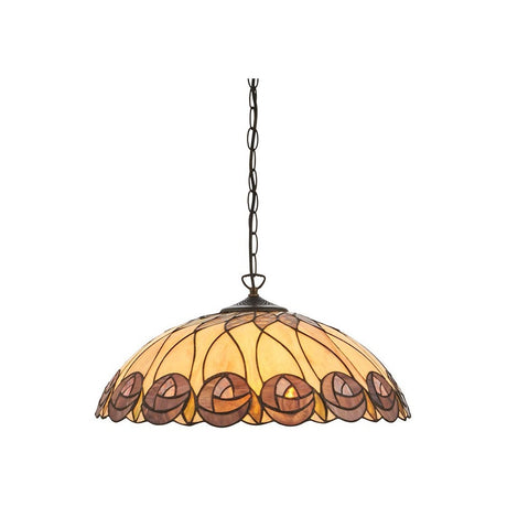 Tiffany Pentleigh Large 3 Light pendant with domed multicoloured leaded glass shade on a dark chain suspension, shown on a plain white background.