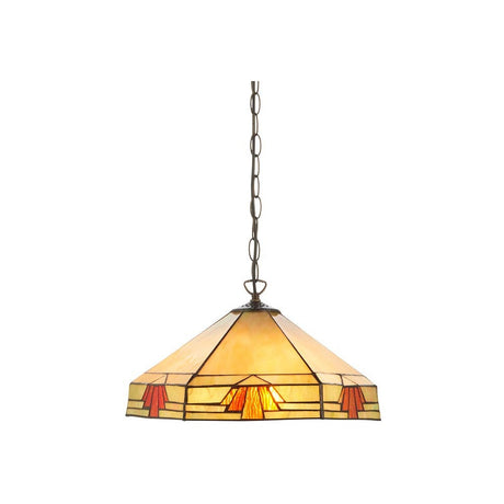 Tiffany Willowmere 3 light pendant with a hexagonal leaded glass shade in multicoloured amber and red tones, suspended from a bronze chain.