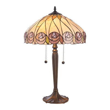 Pentleigh Large Tiffany table lamp with a domed leaded glass shade in warm multicoloured tones, twin pull cords, and a fluted bronze-finish metal base.