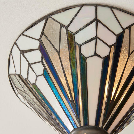 Larkbury Medium 2 Light Tiffany flush ceiling light with multicoloured leaded glass shade in an Art Deco fan pattern and black metal frame.