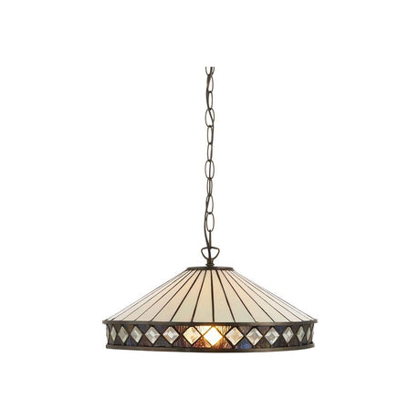 Brindleigh Medium Single Tiffany Pendant in multicoloured leaded glass with a flared shade, metal frame and chain suspension, on a white background.