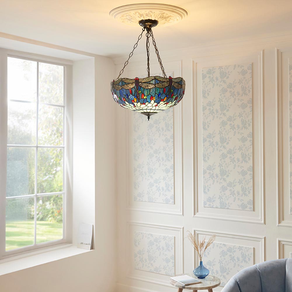 Alderworth Large 3 Light Tiffany Inverted Pendant - Blue