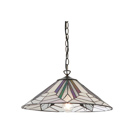 Tiffany Larkbury large pendant light with 480mm multicoloured leaded glass shade on a black metal chain, shown against a plain white background.