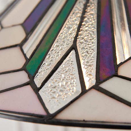 Close-up of the Tiffany Larkbury Large Pendant shade showing multicoloured leaded glass panels with textured clear segments and soldered seams.