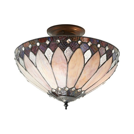 Tiffany Marlgrove Medium 3 light semi-flush ceiling light with a domed multicoloured leaded glass shade on a bronze-toned fitting, plain white background.