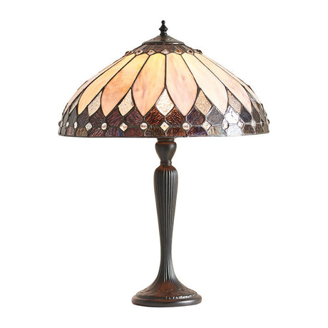 Marlgrove Medium Tiffany table lamp with multicoloured leaded glass shade in cream, amber and clear tones on a turned dark metal base.