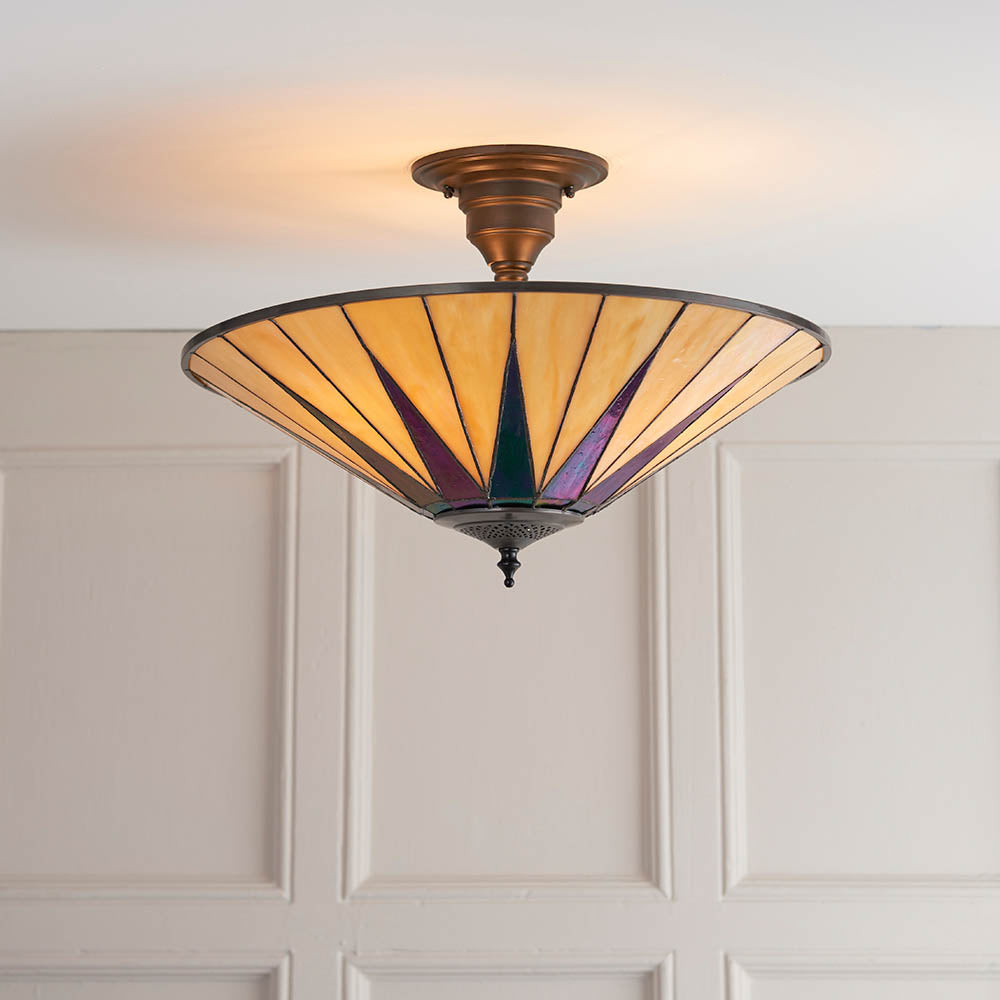 Wistcombe Large 3 Light Tiffany Semi Flush - Multicoloured
