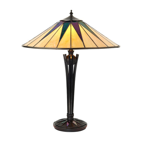 Wistcombe Large Tiffany table lamp with a wide multicoloured leaded glass shade on a dark turned metal base, shown on a white background.