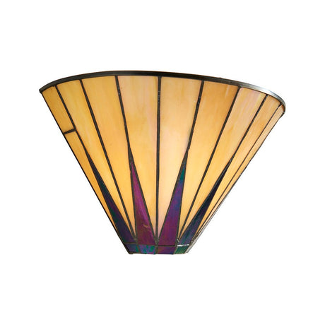 Wistcombe Tiffany wall light with a fan-shaped leaded glass shade in cream with purple and green sunburst detailing on a plain white background.