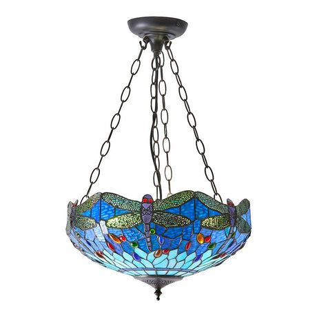 Alderworth Medium 3 Light Tiffany inverted pendant with blue leaded glass bowl, dragonfly motif, dark metal frame and triple chain suspension.