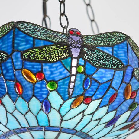 Close-up of the Tiffany Alderworth Medium 3 Light Inverted Pendant showing a blue leaded glass bowl with a dragonfly motif and chain suspension.
