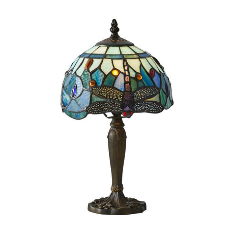 Alderworth Mini Tiffany table lamp with blue leaded glass dome shade, dragonfly motif, and bronze-finish metal base on a white background.