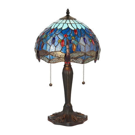 Alderworth Small Tiffany table lamp with blue leaded glass dome shade, dragonfly motif, twin pull-chain switches and dark metal base.