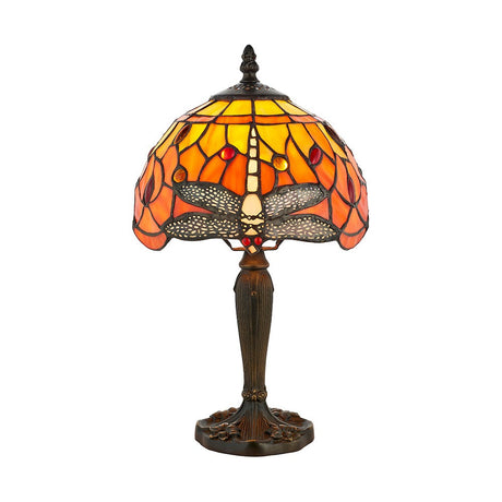 Alderworth Mini Tiffany table lamp in flame with amber leaded glass shade, dragonfly motif and brass-finish metal base on a white background.