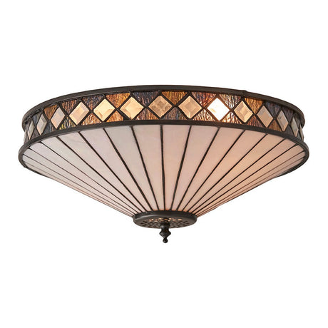 Brindleigh Medium 2 Light Tiffany flush ceiling light with multicoloured leaded glass shade and diamond-patterned border in a dark metal frame.