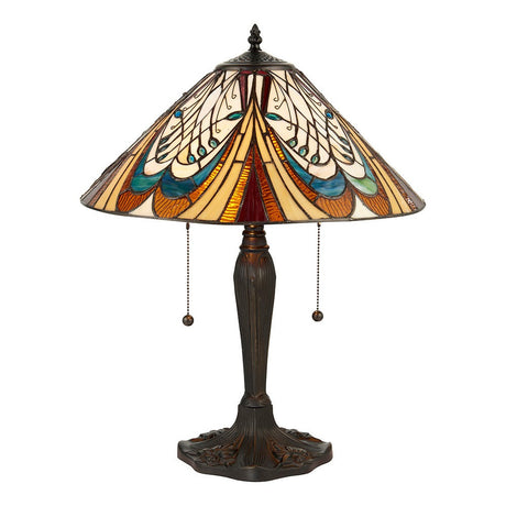 Tiffany Elderford Medium table lamp with a multicoloured leaded glass conical shade and dark metal base with twin pull cords, on a white background.