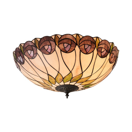Tiffany Pentleigh large 2-light flush ceiling light with multicoloured leaded glass shade in floral pattern and dark metal finial, on a white background.