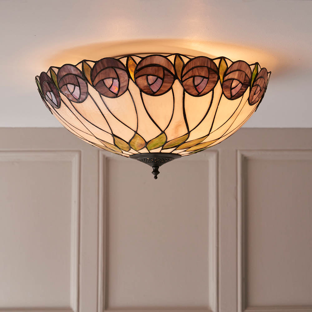 Pentleigh Large 2 Light Tiffany Flush Ceiling Light - Multicoloured