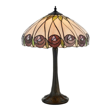 Pentleigh Medium Tiffany table lamp with multicoloured leaded glass shade in a rose panel design on a dark metal stem and base, on white.