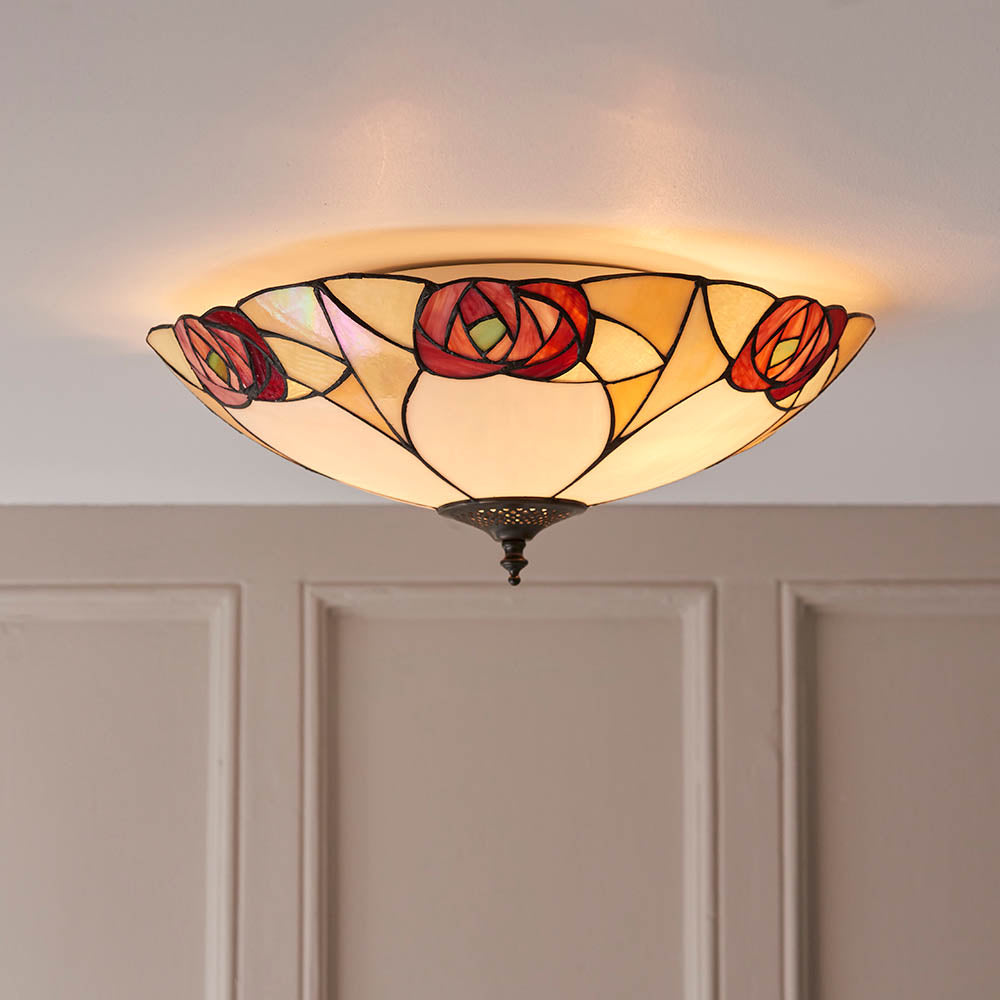 Kelverton Large 2 Light Tiffany Flush Ceiling Light - Multicoloured