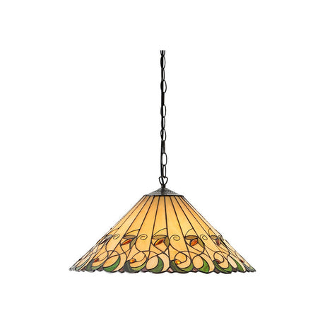 Larncombe Large 3 Light Tiffany pendant with a wide multicoloured leaded glass shade in amber, green and cream, suspended from a black chain.