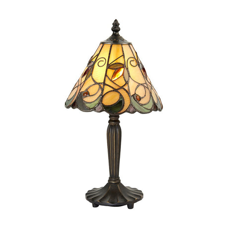 Larncombe Mini Tiffany table lamp with a multicoloured leaded glass shade and dark metal base, shown against a plain white background.